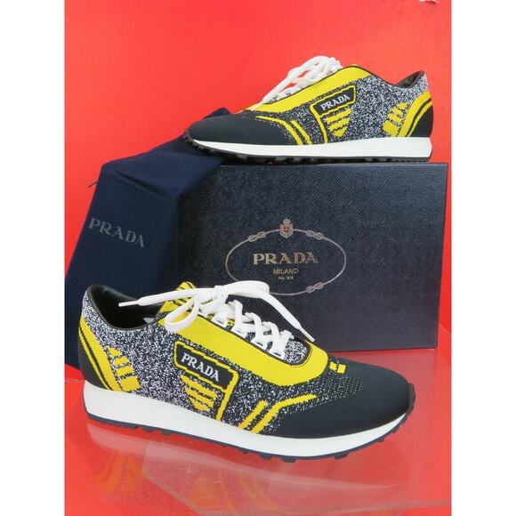 PRADA 2EG272 YELLOW BLACK FABRIC TRAINERS KNIT LOGO LACE SNEAKERS 10.5 US 11.5 - Picture 1 of 12